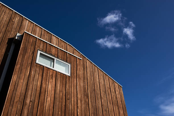 An example of modern Australian architecture in this wood cladded structure shot on a beautiful, warm sunny day.
