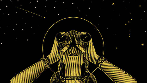 молодая хипстерская женщина с биноклем и звездами - космическое пространство иллюстрации stock illustrations