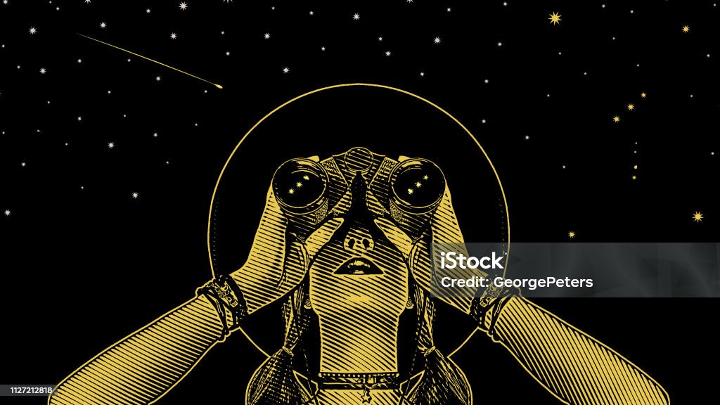 Young hipster woman with binoculars and stars Engraving vector of a Young hipster woman with binoculars and stars Forecasting stock vector