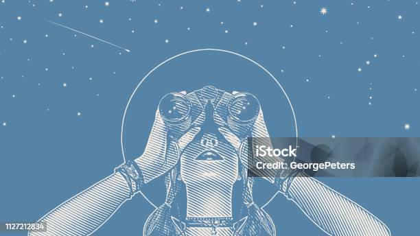 Giovane Donna Hipster Con Binocolo E Stelle - Immagini vettoriali stock e altre immagini di Segni zodiacali - Segni zodiacali, Astrologia, La via giusta