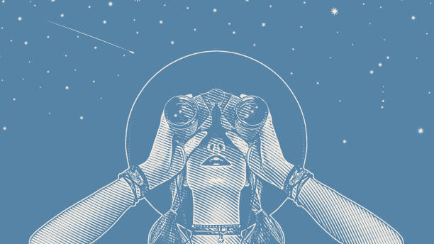 ilustrações de stock, clip art, desenhos animados e ícones de young hipster woman with binoculars and stars - sepia toned illustrations