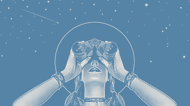 молодая хипстерская женщина с биноклем и звездами - стремление иллюстрации stock illustrations
