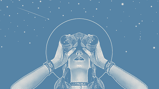 Engraving vector of a Young hipster woman with binoculars and stars