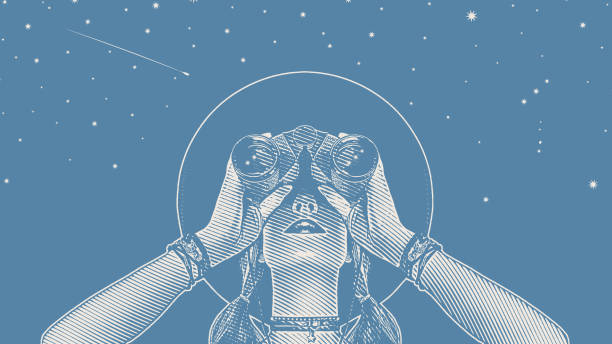 Young hipster woman with binoculars and stars Engraving vector of a Young hipster woman with binoculars and stars orion stars stock illustrations