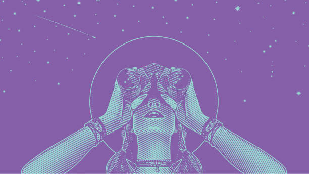 Young hipster woman with binoculars and stars Engraving vector of a Young hipster woman with binoculars and stars orion stars stock illustrations