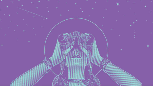 Young hipster woman with binoculars and stars Engraving vector of a Young hipster woman with binoculars and stars binoculars point of view stock illustrations