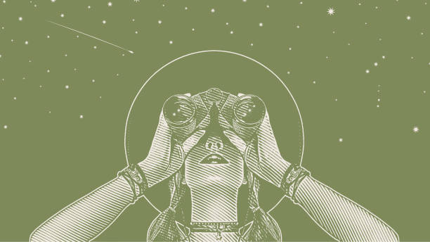젊은 hipster 여자 쌍안경과 별 - binoculars point of view stock illustrations