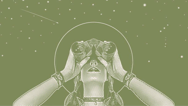 Young hipster woman with binoculars and stars Engraving vector of a Young hipster woman with binoculars and stars binoculars point of view stock illustrations