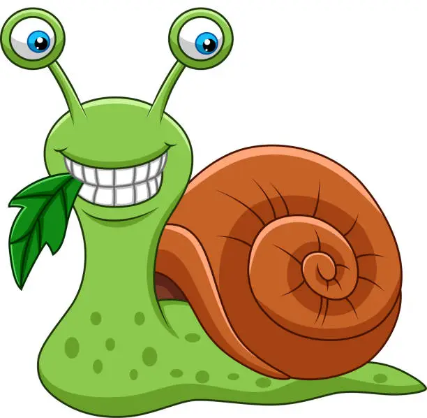 Vector illustration of Cartoon funny snail eating a leaf