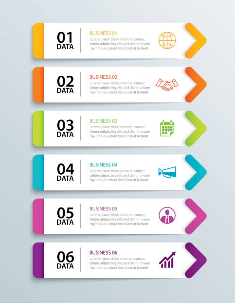 infografik-registerkarte im horizontalen papier pfeil mit 6 datenvorlage. vector illustration abstrakt notebook hintergrund. für workflow-layout, webdesign, banner, geschäft schritt verwendet werden. - six objects stock-grafiken, -clipart, -cartoons und -symbole