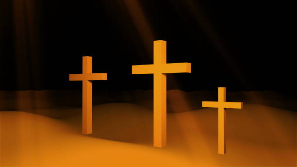 istock Three christian crosses are on ground and sun rays, resurrection Easter conceptual art, 3d render 1127223125