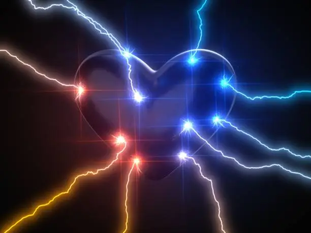 Photo of power of love. concept with lightning on heart. 3d illustration