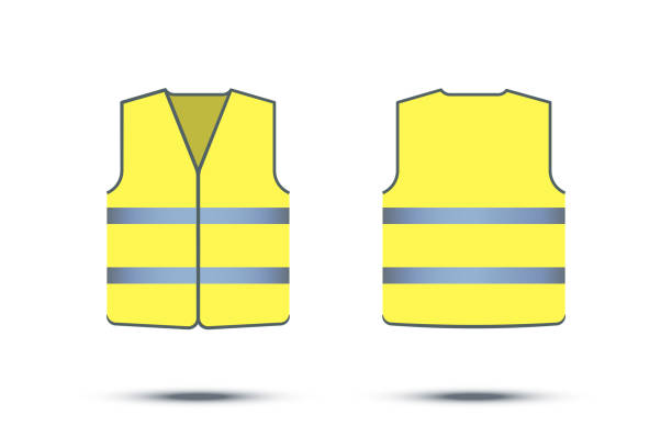 ilustrações de stock, clip art, desenhos animados e ícones de yellow reflective safety vest isolated on white background. vector front and back yellow vest. - fleece coat