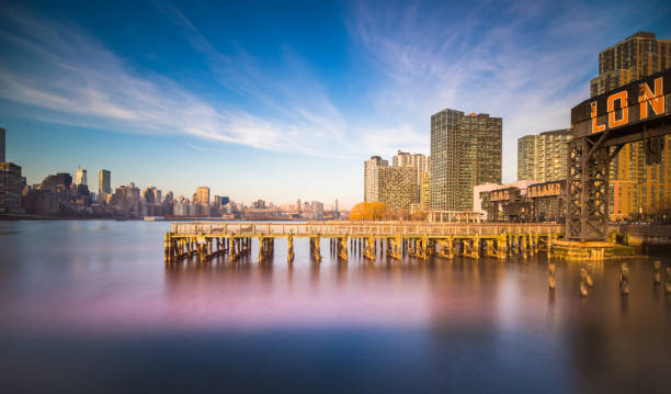 Iconic gantries of Gantry State Park and buildings stock photo