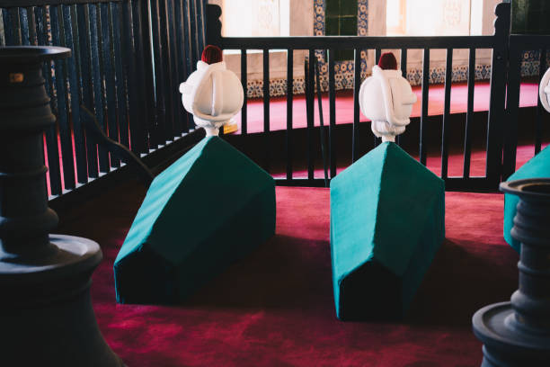 Rows of coffins in an ottoman turkish mausoleum tomb