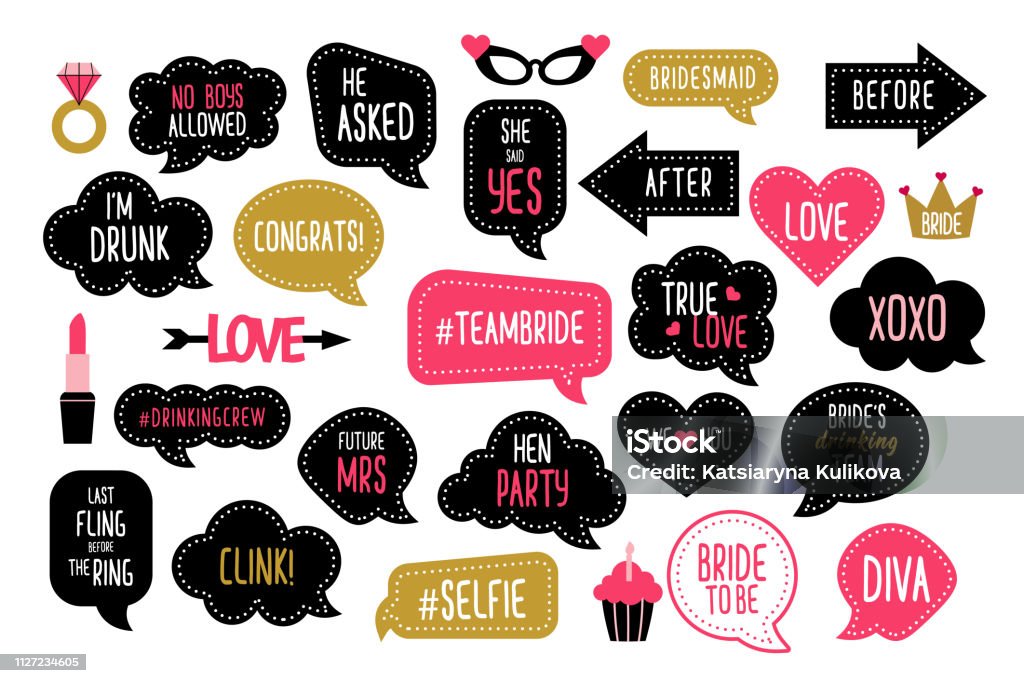 Wedding and bachelorette party photo booth props set Wedding and bachelorette party photo booth props set. Bridal shower photobooth props. Vector speech bubbles with hen night quotes - team bride, bridesmaid, she said yes. Prop stock vector