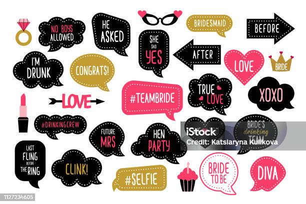 Wedding And Bachelorette Party Photo Booth Props Set Stock Illustration - Download Image Now
