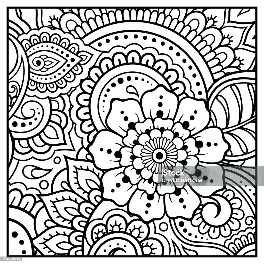 Outline square floral pattern in mehndi style for coloring book page. Antistress for adults and children. Doodle ornament in black and white. Hand draw vector illustration. Mandala stock vector