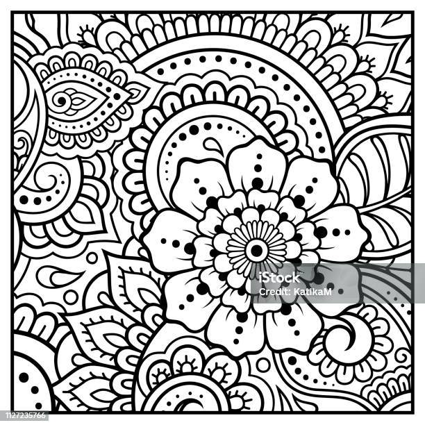 Outline Square Floral Pattern In Mehndi Style For Coloring Book Page Antistress For Adults And Children Doodle Ornament In Black And White Hand Draw Vector Illustration Stock Illustration - Download Image Now