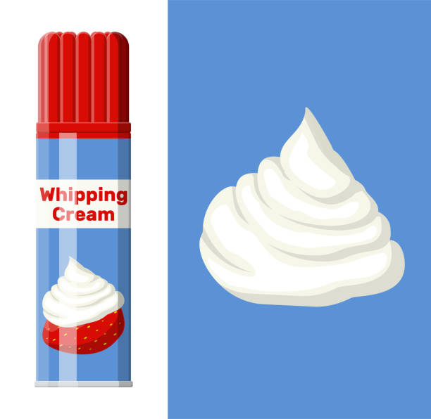 Whipped cream in aerosol can isolated on white. Whipped cream in aerosol can isolated on white. Dairy milk product. Organic healthy product. Vector illustration in flat style whipped food stock illustrations