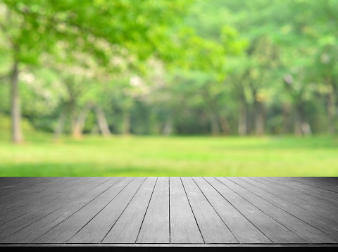 istock Empty Wooden Platform And Green Spring Blurred Abstract Background 1127237731