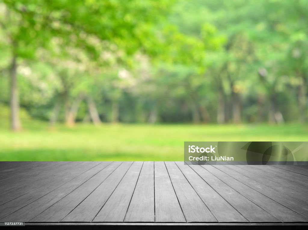 Empty Wooden Platform And Green Spring Blurred Abstract Background Backgrounds Stock Photo