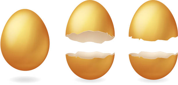 illustrazioni stock, clip art, cartoni animati e icone di tendenza di uova rotte d'oro incrinato aperto easter eggshell design 3d icona realistica illustrazione vettoriale isolata - uovo