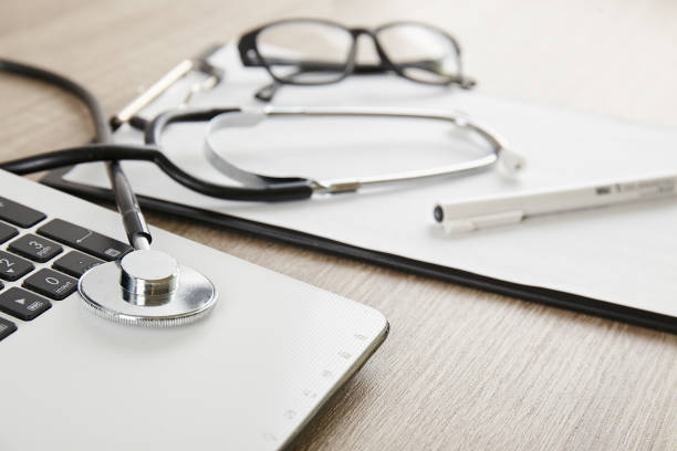 istock Medical equipment and technology concept. Laptop and stethoscope. 1127237899