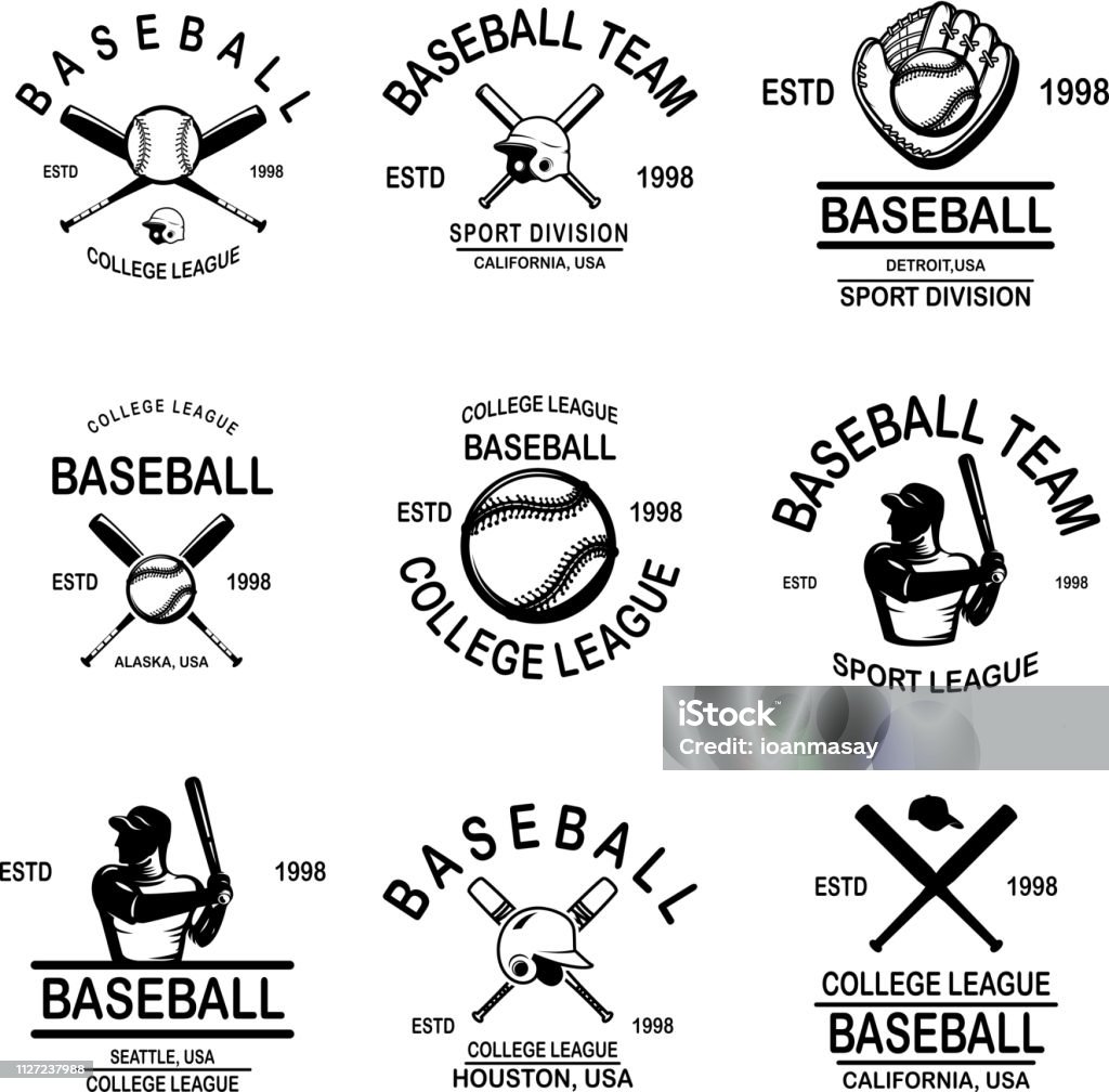 Set of baseball emblems. Design element for label, sign, poster, t shirt. Set of baseball emblems. Design element for label, sign, poster, t shirt. Vector illustration Baseball - Ball stock vector