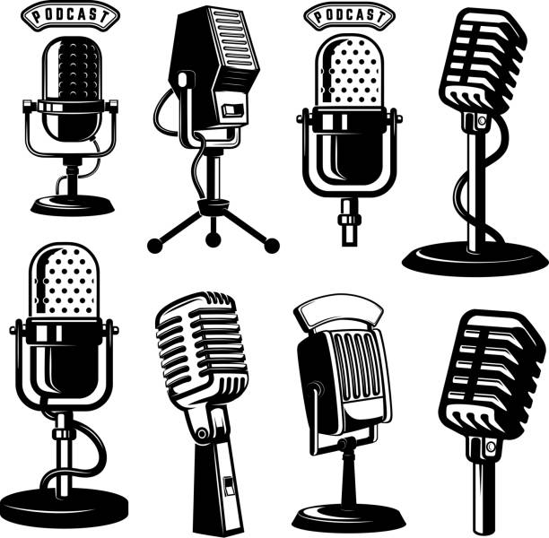 zestaw ikon mikrofonów w stylu retro izolowanych na białym tle. element projektu etykiety, emblematu, znaku, plakatu. - radio stock illustrations