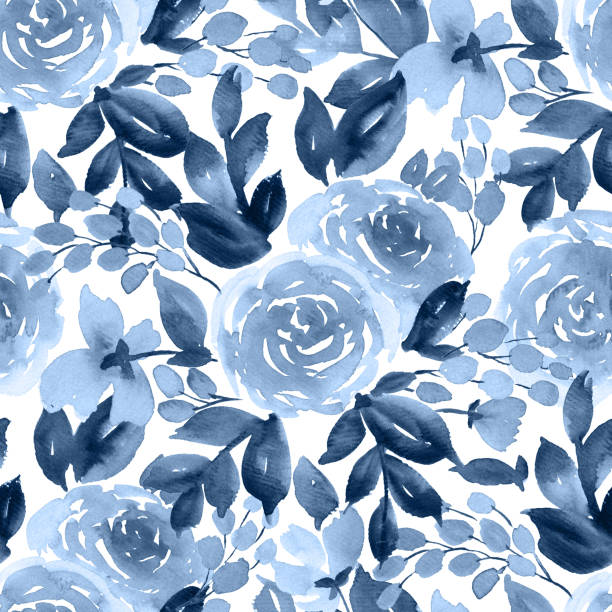 istock Loose watercolor flowers. Seamless floral pattern with tea rose in indigo blue 1127239723