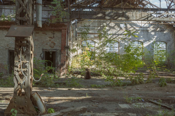 istock Abandoned and destroyed train factory 1127239920