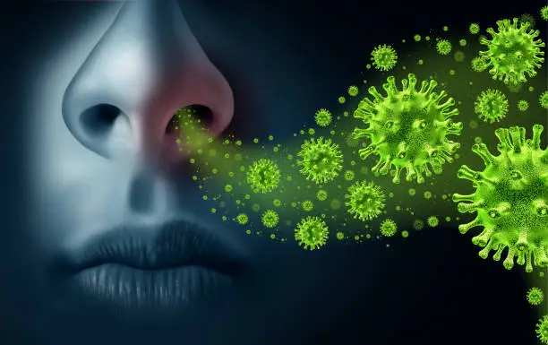 Influenza concept and seasonal flu virus spread caused by infectious microbes with human symptoms of fever infecting the nose and throat as deadly microscopic cells with 3d illustration elements.