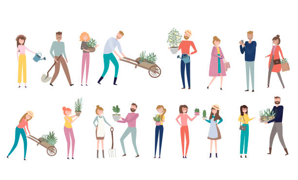 ilustrações, clipart, desenhos animados e ícones de pessoas de agricultores em diferentes posições do corpo, trabalhando, conversando entre si, dos desenhos animados design plano. ilustração em vetor editável - country market