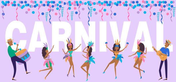 ilustrações de stock, clip art, desenhos animados e ícones de brazil carnival poster template with brazilian samba dancer. carnival in rio de janeiro with girls wearing a festival costume. editable vector illustration - samba dancing rio de janeiro carnival brazilian