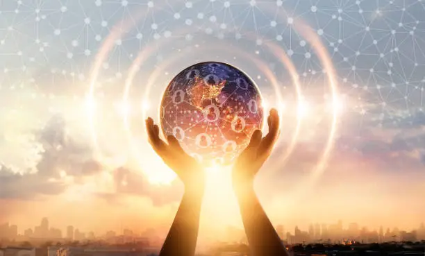 Hands holding earth and wave circle global structure network connection and data exchanges customers worldwide on city sunset background. Innovation. Creative and inspiration. Idea and imagination. Networking and technology concept. Elements of this image furnished by NASA  


https://eoimages.gsfc.nasa.gov/images/imagerecords/79000/79787/city_lights_namerica_8k.jpg