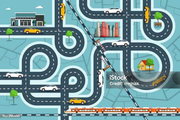 City Map With Cars On Roads Top View Town Life With Railroad Streets And Buildings Stock Illustration - Download Image Now
