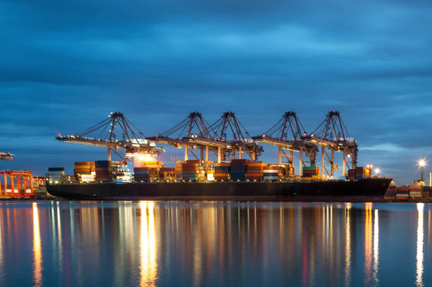istock Container in export and import and Logistics and transportation of Container Cargo ship. Shipping cargo to harbor by crane, logistic import export and transport industry background. 1127248238