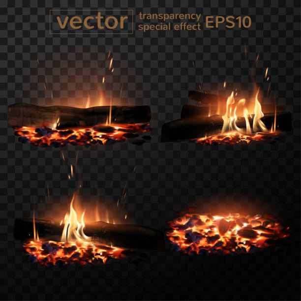 ilustrações, clipart, desenhos animados e ícones de conjunto de quatro imagens de fogo ardente. lenha, carvão, faíscas, fumaça. o efeito de transparência. 3d vector. ilustração realista detalhada - campfire coal burning flame