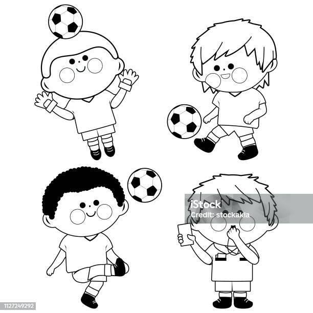 Children Soccer Players Vector Black And White Coloring Book Page Stock Illustration - Download Image Now