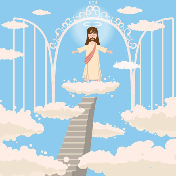 Cute God smiles with love with open arms, the road to heaven, the open gates of heaven, the nimbus of the saint over his head, on a cloud in heaven, sky, clouds, Christianity, vector, isolated, cartoon style Cute God smiles with open arms, a halo of saints above his head smile jesus loves you drawing stock illustrations
