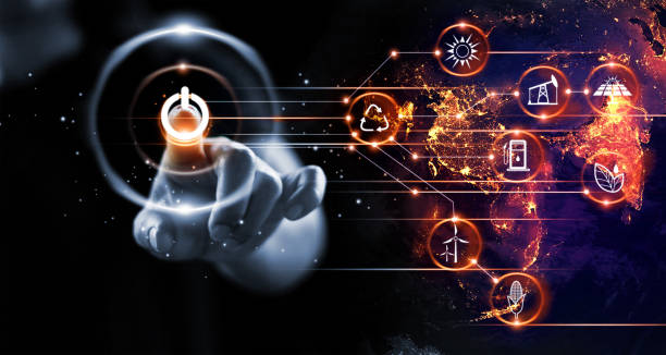 istock Finger pressing power button with energy resources icon on earth at night background. Earth day. Environment and conservation. Energy saving concept. 1127255810