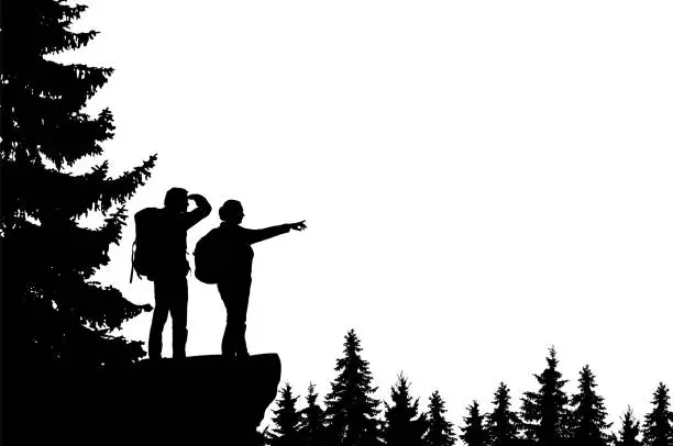 Vector illustration of Realistic illustration of a silhouette of two tourists, men and women with backpacks. It stands on the bay in the mountains and looks into the valley of the forest. Vector