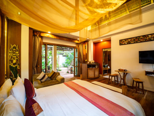 istock Luxury room with bed with vintage decoration, Bali style. 1127256108