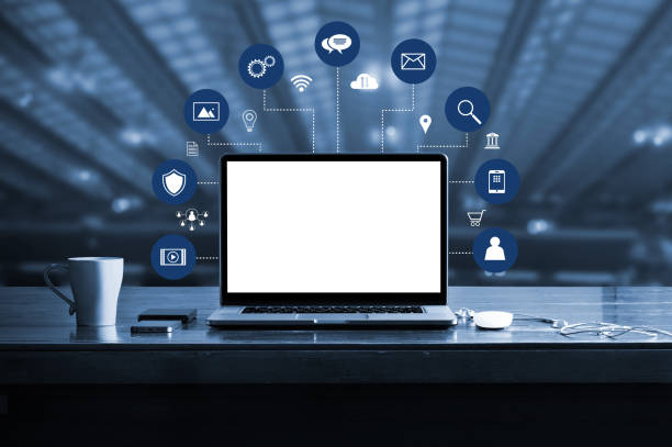 istock Digital marketing. laptop computer with white screen blank and virtual icon digital marketing network connection. Digital transformation and management business, media technology, blue tone. 1127256851