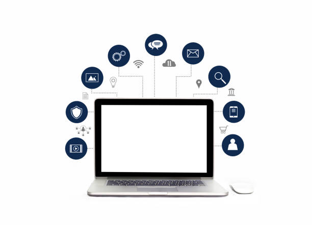 istock Digital marketing. laptop computer with white screen blank and virtual icon digital marketing network connection on white background. Social media and business technology. Digital transformation and management. 1127256888