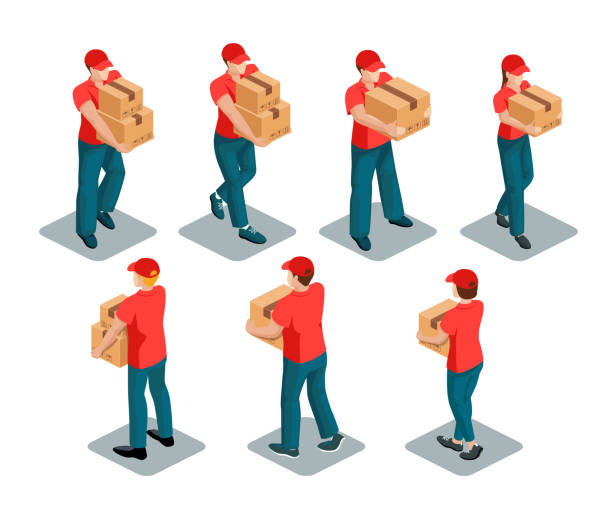 Courier isometric set Courier. Isometric figures of men and women wearing red t-shirt and cap and carrying boxes. Vector set isolated on white background man touching womans buttock stock illustrations