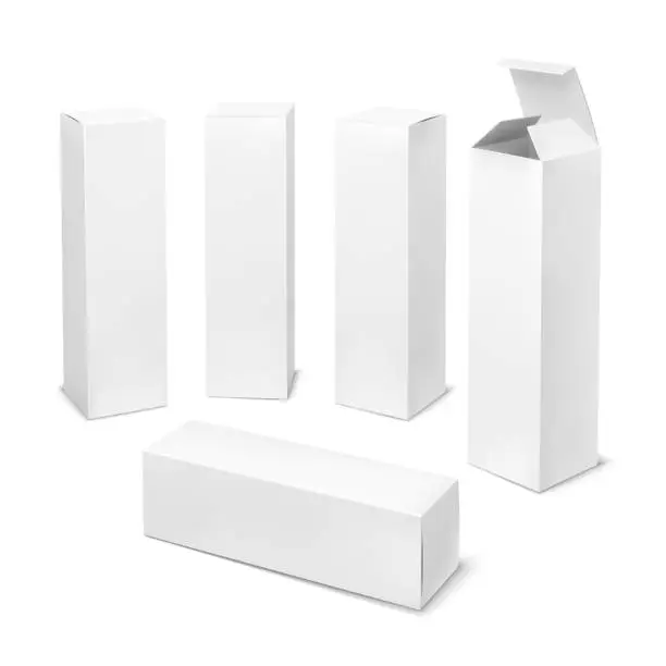 Vector illustration of Tall white box. Cardboard cosmetic boxes rectangular blank package with shadows medicine product vertical forms