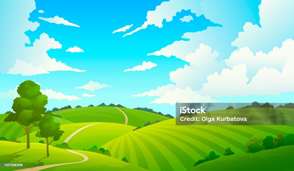 夏のフィールドの風景。自然の丘フィールド青い空雲は太陽の田園地帯です。緑の木や草の農村部の土地を漫画します。 - 農園のロイヤリティフリーベクトルアート
