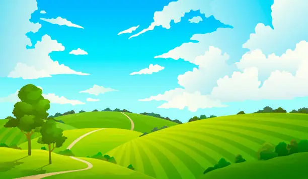 Vector illustration of Summer field landscape. Nature hills fields blue sky clouds sun countryside. Cartoon green tree and grass rural land.